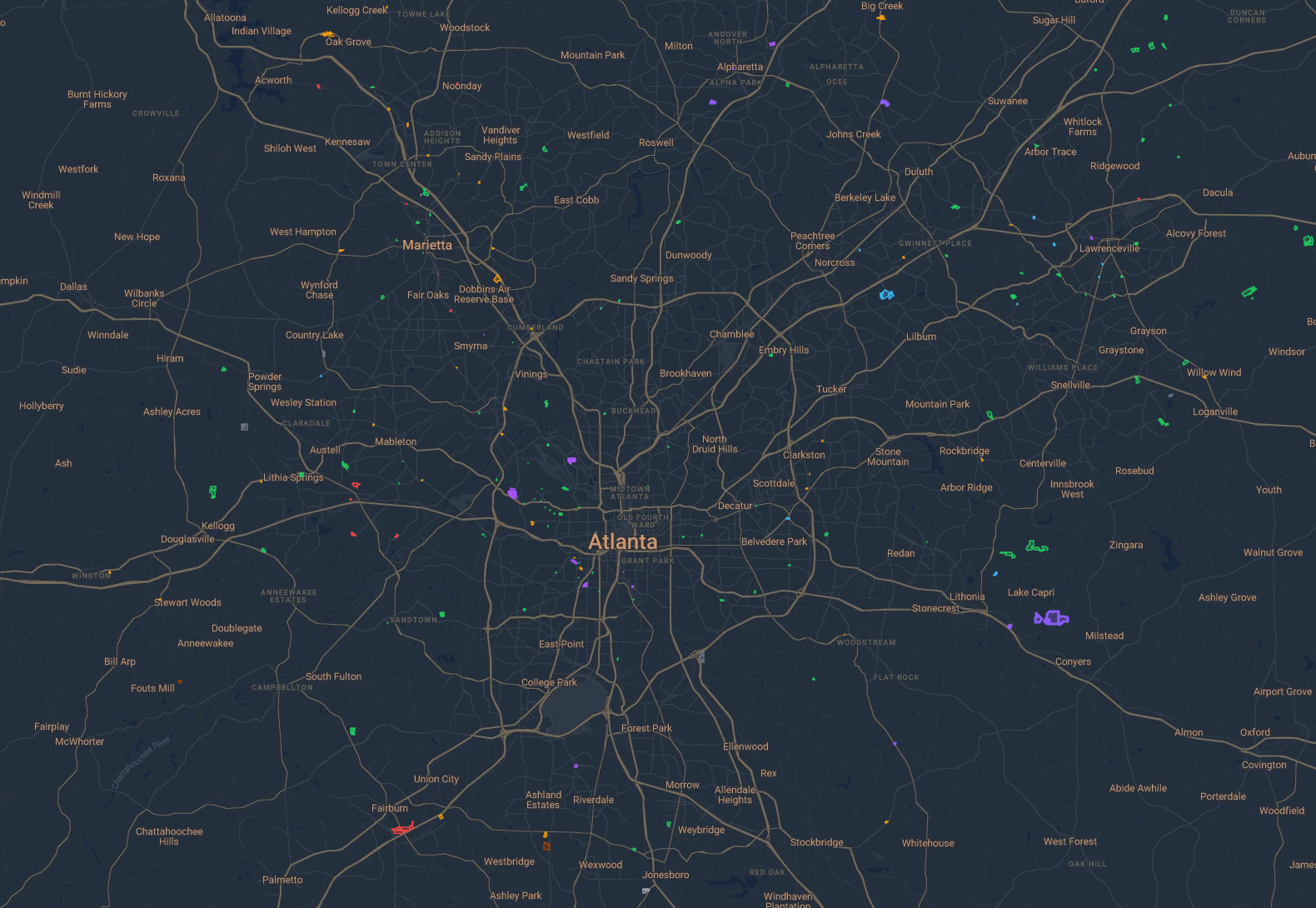 Atlanta metro map with parcels color-coded by proposed rezoning use